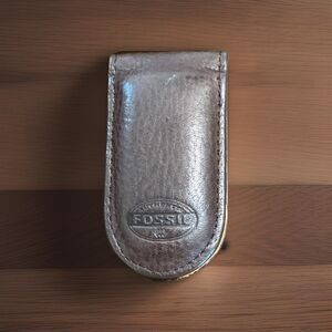 Fossil Money Clip Wallet Magnetic Brown Embossed Logo Vintage
